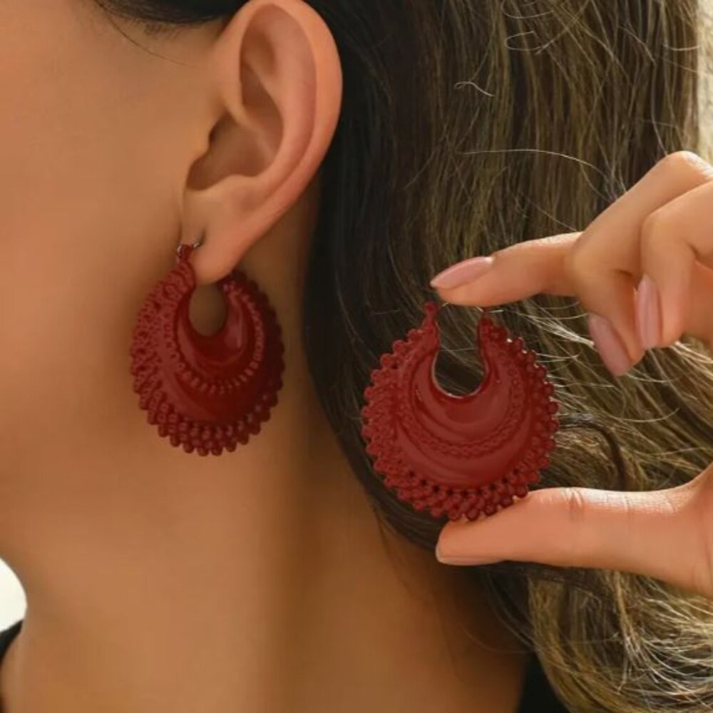 NEW Zendaiya Dark Red Lacquered Chunky Hoop Boho Earrings - Picture 3 of 4